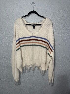 Rue21 Cream V-Neck Striped Frayed Hem Sweater